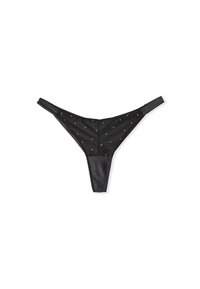 String nero in satin, con una texture liscia e piccole decorazioni a forma di punto metallico sulla parte frontale. Spalline regolabili.
