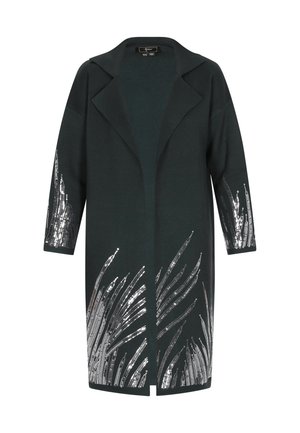 Dunkelgrüner Cardigan mit langen Ärmeln, offenem Frontdesign und silbernen Paillettenverzierungen, die Pflanzenblättern ähnlich sehen und sich entlang des unteren Saums erstrecken.