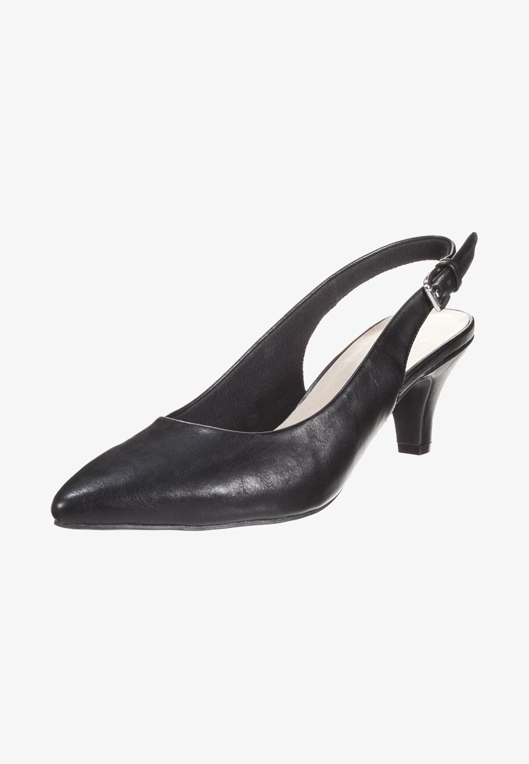 Chaussure à talon avec bride arrière en cuir noir, bout pointu, design courbé et fermeture à boucle sur la sangle. Talon bas pour plus de stabilité.