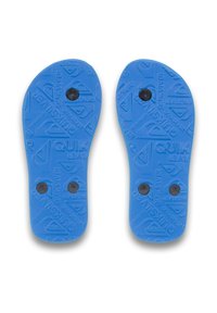 Blå gummi flip-flop såler med teksturerede mønstre og logoindtryk. Fire sorte skruer synlige på hver sål til fastgørelse.