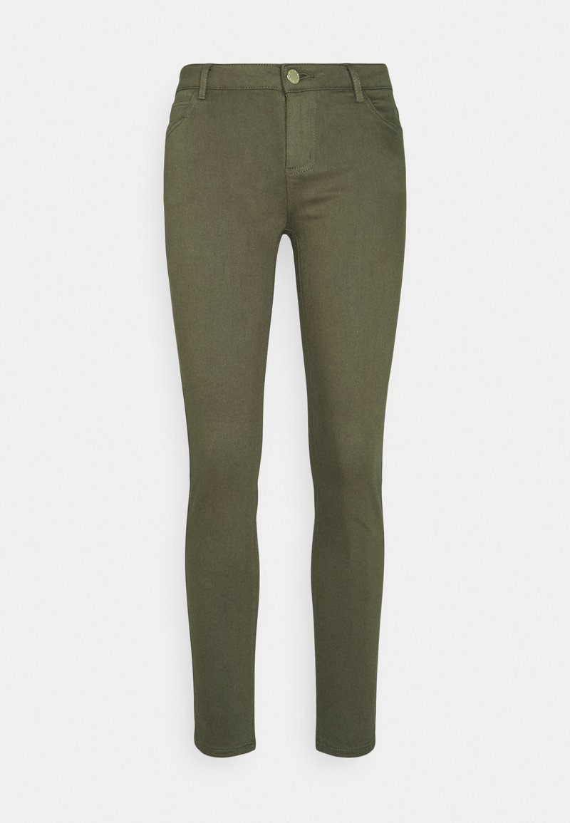 Olijfgroene skinny jeans van rekbare stof, met een ritssluiting, voorzakken en riemlussen. Soepele textuur met een nauwsluitende pasvorm.