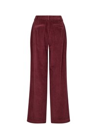 Wide-leg corduroy trousers in burgundy with a textured ribbed pattern. Features two back pockets and a belt loop waistband.