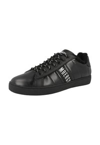 Black synthetic sneakers with a glossy finish, featuring white branding, textured side panels, black laces, and a rubber sole.
