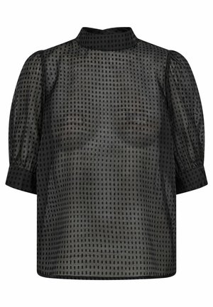 Black short-sleeve top with a high collar, featuring a textured grid pattern and slightly puffed sleeves. Semi-sheer fabric.