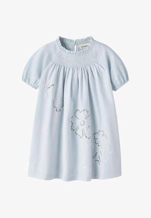 Robe bébé bleu clair à manches courtes avec empiècement froncé, col à volants et broderie florale ajourée sur le devant.