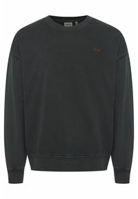 Mørkegrå hettegenser i bomull, med rund hals, ribbestrikkede mansjetter og en liten logo i kontrastfarge på brystet.