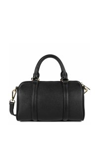 Sac à main en cuir noir de forme ronde, avec des poignées supérieures doubles, une bandoulière amovible et des garnitures en métal doré. Surface texturée avec des coutures décoratives.