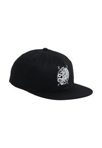 Black baseball cap with a curved brim and an embroidered white octopus design on the front. Made of fabric, featuring ventilation holes.
