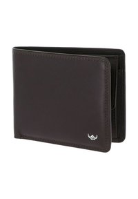 Portefeuille bifold en cuir brun foncé avec bords cousus et petit logo argenté dans le coin inférieur droit, partiellement ouvert pour montrer l'intérieur.