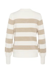 Pull rayé présentant des rayures horizontales beige et blanches alternées, un col rond côtelé et des manches longues bouffantes. Tissu tricoté doux.