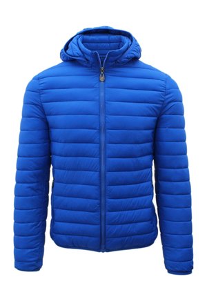 Giacca imbottita blu con cuciture orizzontali, chiusura frontale con cerniera, maniche lunghe e cappuccio attaccato.