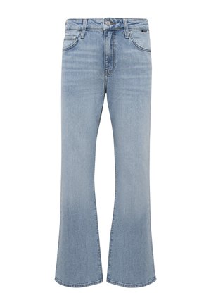 Hellblaue Jeans mit ausgestelltem Bein, mittelhohem Bund, Fünf-Taschen-Design, sichtbaren Nähten und einer ausgewaschenen Textur mit leichtem Stretch.