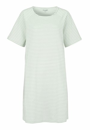 Lysegrå og hvide horisontale stribede kortærmede kjole med rund halsudskæring, knælængde og afslappet pasform.