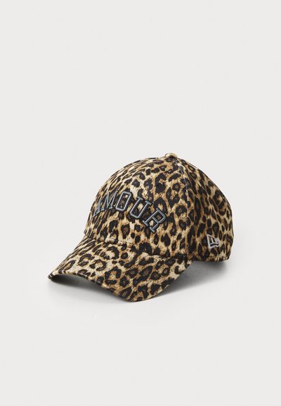 Leopard print baseball cap with embroidered "AMOUR" text in black. Fabric is soft with a structured shape and curved brim. Adjustable strap.