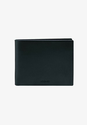 Portefeuille bifold en cuir noir avec logo embossé, texture lisse et design rectangulaire simple. Aucun matériel ni motifs visibles.