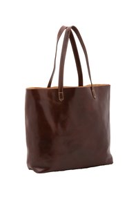 Borsa tote in pelle marrone con due lunghe maniglie, texture liscia, design minimalista e apertura superiore. Cuciture caratteristiche lungo le maniglie.
