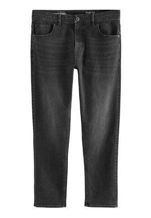 Sorte slim-fit denimjeans med klassisk design, der har fem lommer, lynlås og diskret falming for tekstur.