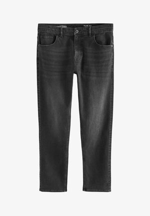 Fekete, slim fit szabású farmernadrág klasszikus dizájnnal, öt zsebbel, cipzáras sliccel és finom fényesedéssel a textúra érzékeltetésére.