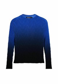 Blauer Langarm-Pullover mit strukturiertem Zickzackmuster, das von lebhaftem Königsblau zu tiefem Marineblau am Saum übergeht. Etikett im Kragen sichtbar.