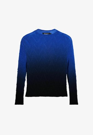 Blauwe trui met lange mouwen en een gestructureerd zigzagpatroon, overlopende van levendig koningsblauw naar diep marineblauw aan de zoom. Label zichtbaar bij de kraag.