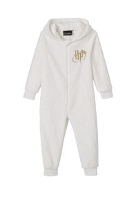 Weißer Fleece-Overall mit Kapuze, strukturierten Sternmustern und einem goldenen "HP"-Logo. Enthält gerippte Bündchen und einen Frontverschluss.