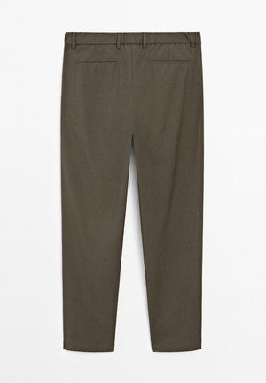 Olive green trousers with a smooth texture, featuring a straight cut. Two back pockets are visible, and the waistband is elasticated.