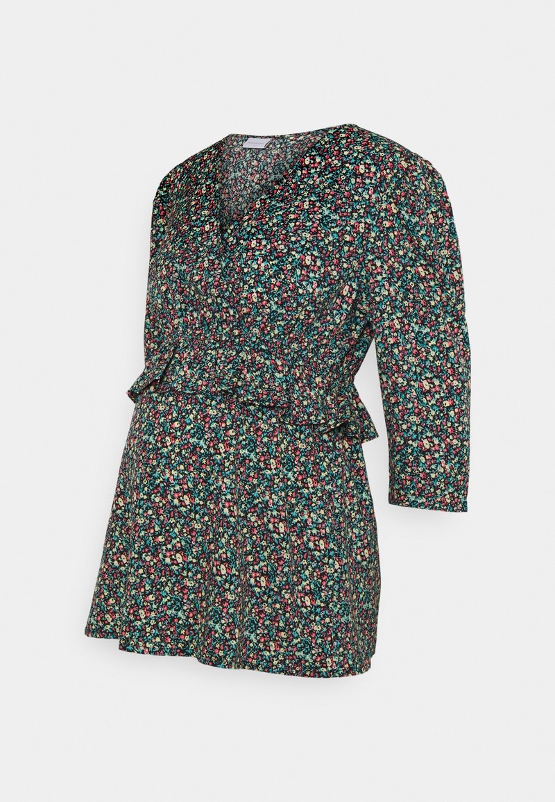 Floral dress featuring a dark background with colorful flowers, a V-neck, three-quarter sleeves, and a peplum hem. Lightweight fabric.