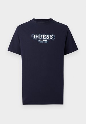 Schwarzblaues T-Shirt mit kurzen Ärmeln aus Baumwolle, mit dem "GUESS"-Logo und "EST. 1981" in weißem und hellblauem Grafikdruck.
