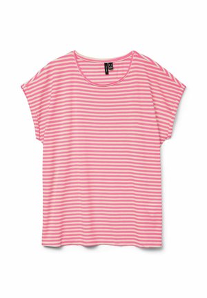 Pink and white horizontal striped short-sleeve t-shirt with a round neckline, laid flat on a white background.
