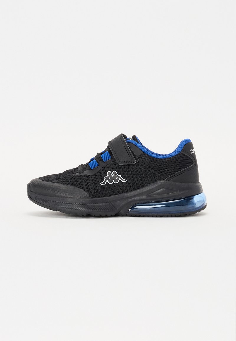 Black mesh sneaker with blue accents, featuring a Velcro strap, textured sole, and a clear air cushion in the heel. Subtle logo on the side.