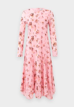 Langschildige roze jurk met bloemenprint, met een ronde halslijn en een uitlopende zoom. Lichtgewicht stof met een zachte textuur.