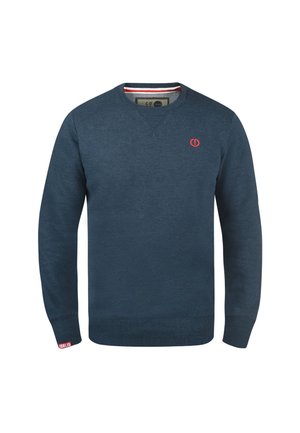Sudadera azul marino hecha de algodón, con escote en V, mangas largas, puños acanalados y un pequeño logo rojo en el pecho.