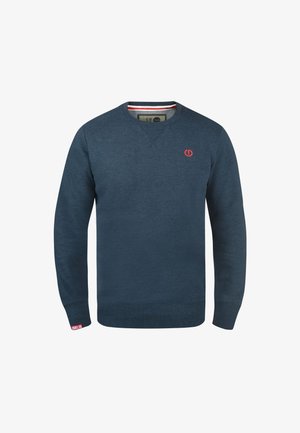 Laivaston sininen puuvillainen collegepaita, jossa on V-aukko, pitkät hihat, resorireunukset ja pieni punainen logo rinnassa.