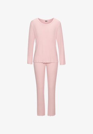 Langärmliges, rundhalsiges Oberteil und passende Hose aus weichem, rosa Rippstoff mit gewellten Säumen. Beide Teile haben eine lockere Passform.