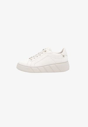 White sneaker with a textured leather upper, round toe, flat laces, and a chunky, geometric sole with a slight elevation at the heel.