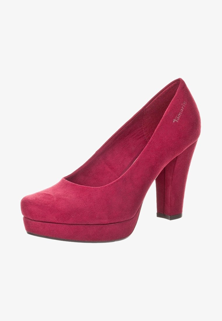 Escarpin femme en daim rouge à talon haut avec semelle plateforme et talon bloc, avec un logo discret de la marque sur le côté.