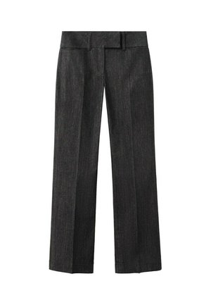Pantalones formales gris oscuro de pierna recta con trabillas para cinturón y detalle con pliegue frontal, adecuados para uso empresarial o formal.