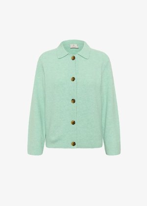 Cardigan mint zelene boje od mekog materijala, s ovratnikom, rebrastim rukavima i šest velikih smeškastih dugmadi duž prednje strane.