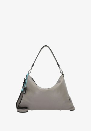 Borsa hobo in morbida pelle grigia con finitura testurizzata, dotata di una tracolla nera, dettagli con cerniera e un piccolo accento blu sul lato.