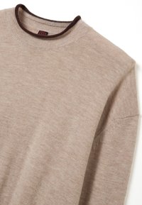 Pull beige en tissu doux, avec un col rond bordé de brun foncé, et une coupe décontractée. Texture lisse avec une légère variation de couleur.