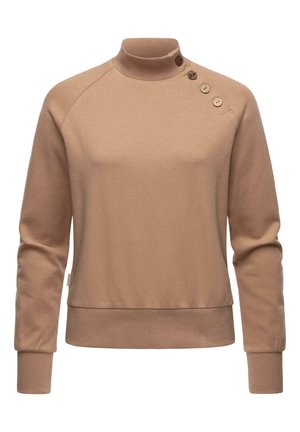 Sweatshirt beige avec un col montant, des manches raglan et trois boutons décoratifs sur l'épaule. Texture douce et ourlet et poignets côtelés.