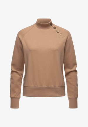 Beige sweatshirt with a high neck, raglan sleeves, and three button accents on the shoulder. Soft texture and ribbed hem and cuffs.