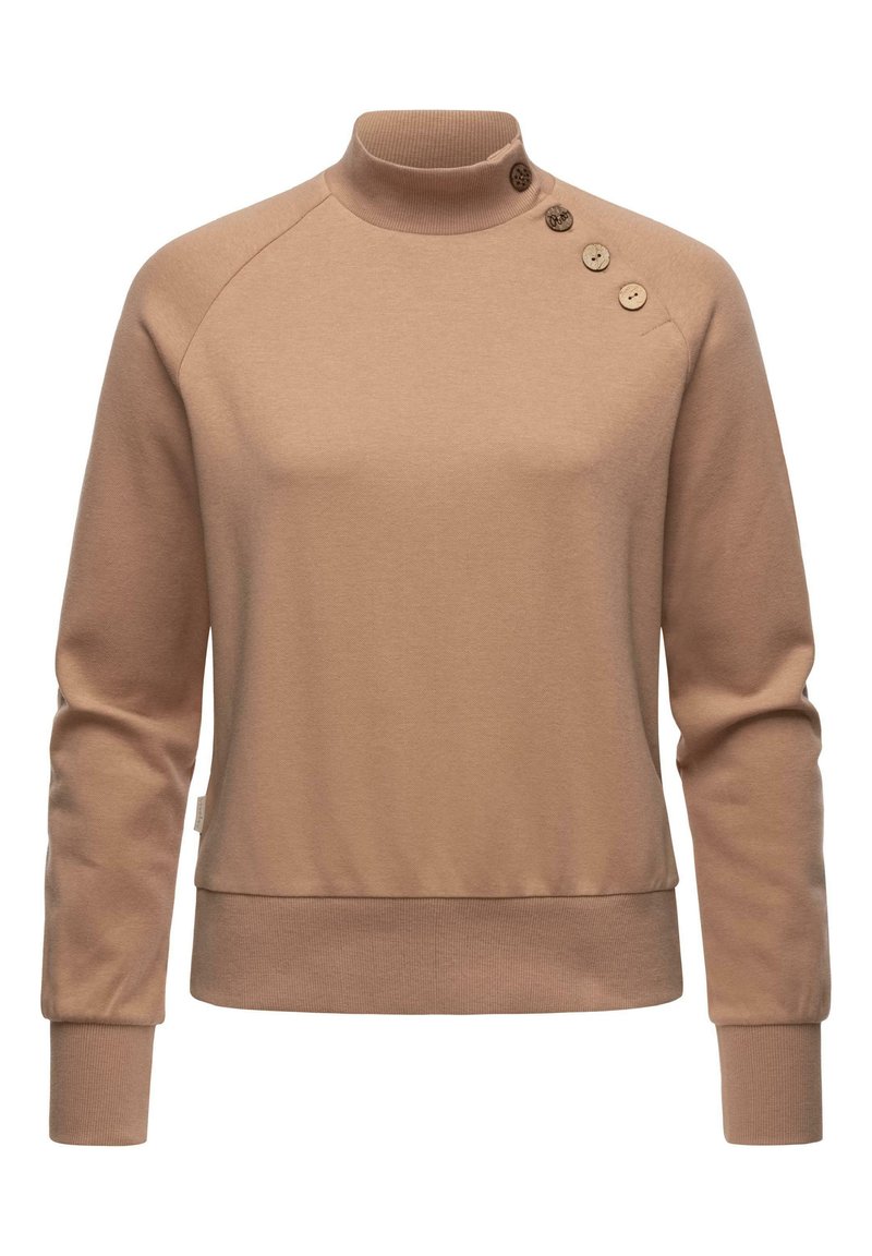 Beige színű pulóver magas nyakkal, raglán ujjakkal és három gombos díszítéssel a vállon. Puha tapintású, bordázott aljjal és mandzsettákkal.