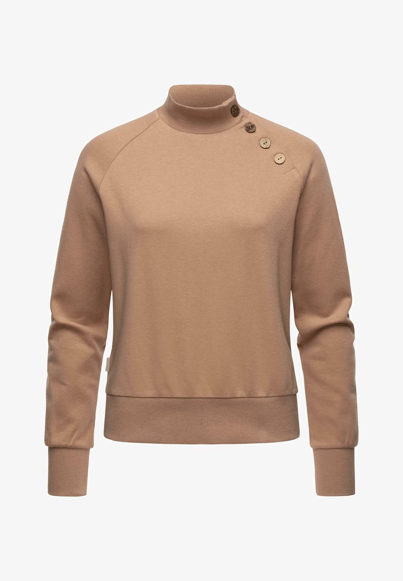 Beige színű pulóver magas nyakkal, raglán ujjakkal és három gombos díszítéssel a vállon. Puha tapintású, bordázott aljjal és mandzsettákkal.