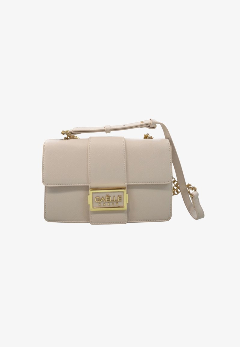 Borsa beige con un design strutturato, caratterizzata da una chiusura in tonalità oro con l'etichetta "GAËLLE PARIS" e una tracolla removibile. Tessuto liscio.