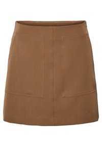 Brun A-linje kjol med två framfickor i patch-stil och synlig söm längs sömmarna och midjebandet.