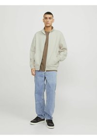 Lys grå lynlåsjakke med sidelommer, båret over en brun skjorte, parret med løse blå jeans og sorte sneakers. Glat overflade, afslappet design.