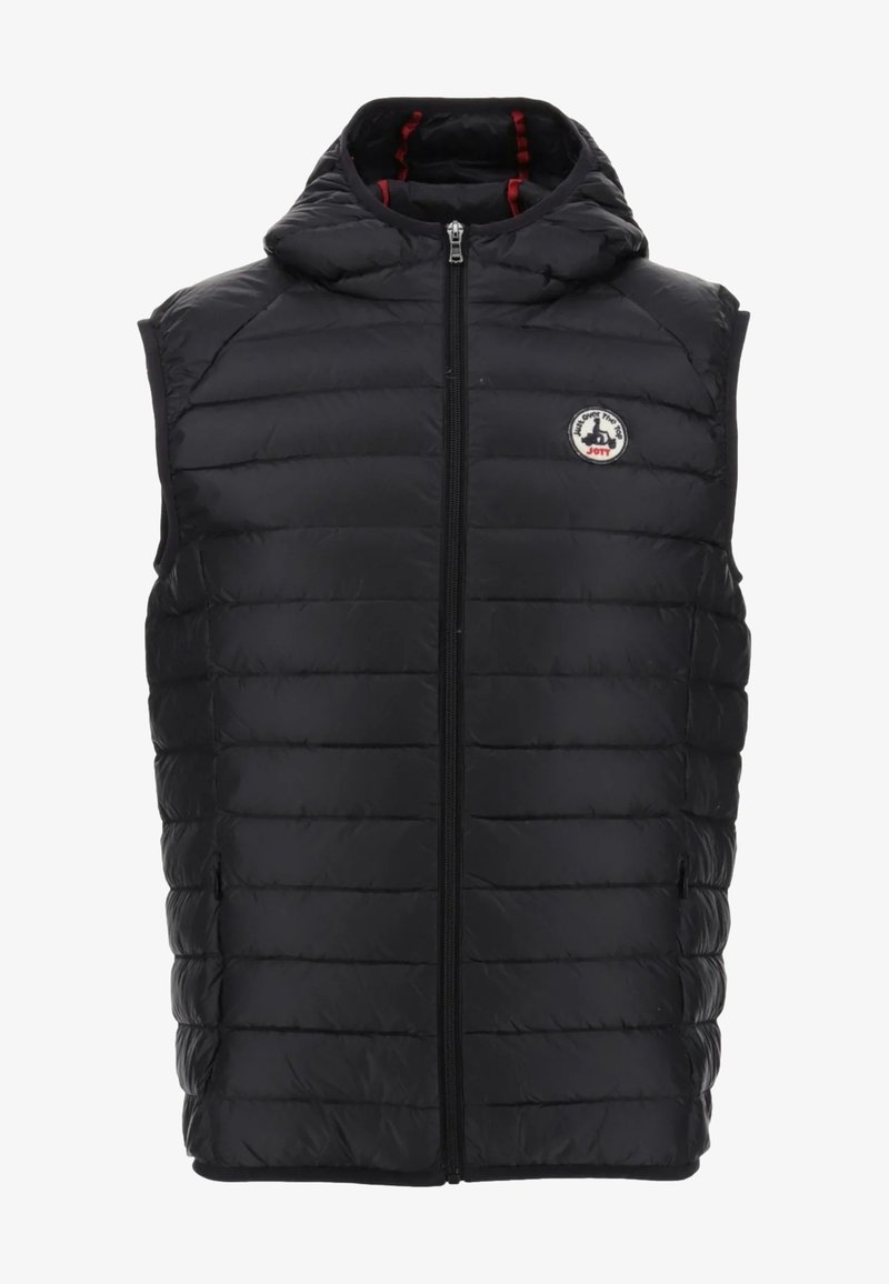 Doudoune sans manches matelassée noire avec capuche, fermeture éclair frontale et petit écusson rond avec logo sur la poitrine gauche.