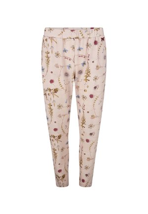 Lichte, roze gebloemde broek met patronen in blauw, paars en goud. Elastaan taille voor comfort. Tapered broekspijpen.