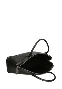 Borsa tote in pelle nera con doppi manici, apertura superiore e superficie texturizzata. Presenta una cerniera argentata e un ampio interno.